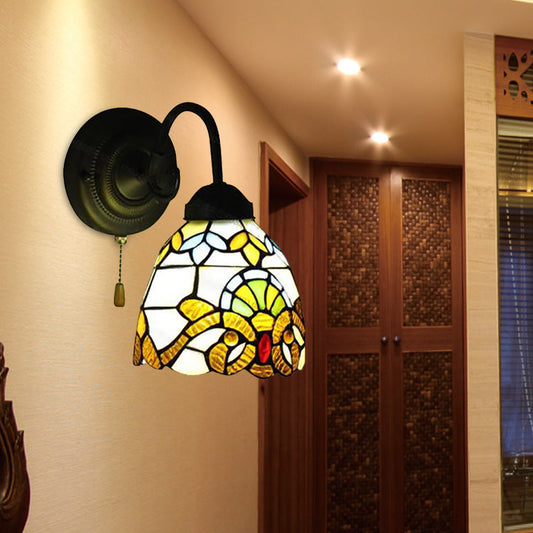 Frendorf | Gelbe Kuppel Wandlampe Viktorianisches Buntglas 1 Kopf Wandarmatur Licht mit Zugkette für Flur