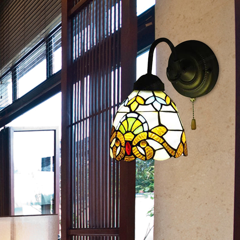 Frendorf | Gelbe Kuppel Wandlampe Viktorianisches Buntglas 1 Kopf Wandarmatur Licht mit Zugkette für Flur