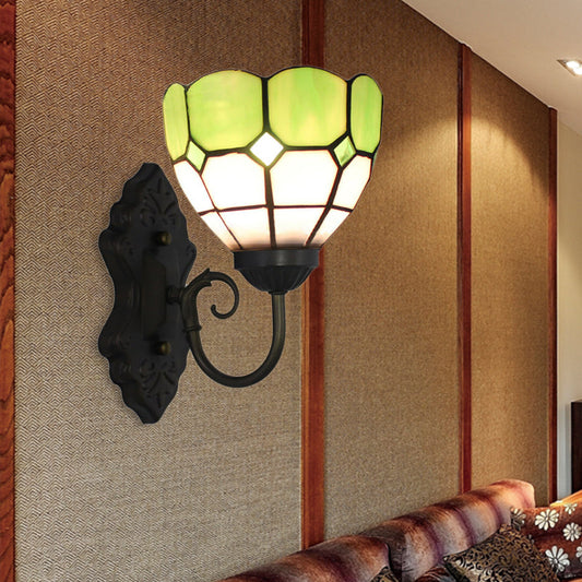 Frendorf | Ruitpatroon Wandlamp Tiffany Groen/Blauw Glas 1 Kop Zwarte Muur Gemonteerde Lamp