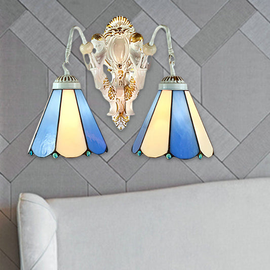 Frendorf | Weißer konischer Wandmontierter Licht Mediterran 2 Köpfe Blau-Beige Glas Wandleuchte