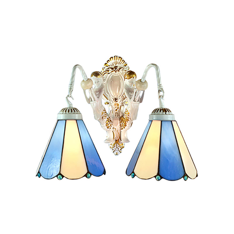Frendorf | Weißer konischer Wandmontierter Licht Mediterran 2 Köpfe Blau-Beige Glas Wandleuchte
