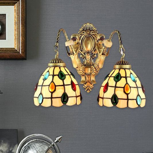 Frendorf | Verziertes Beiges Glas Wandleuchten-Gestell 2 Köpfe Messing Wandmontage Licht für Schlafzimmer