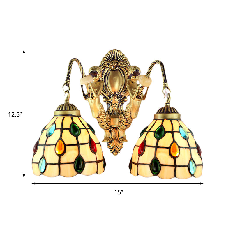 Frendorf | Verziertes Beiges Glas Wandleuchten-Gestell 2 Köpfe Messing Wandmontage Licht für Schlafzimmer
