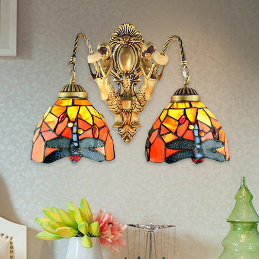 Frendorf | 2 Heads Dome Sconce Verlichting Tiffany Messing/Wit Gezuurd Glas Wandmontage Licht met Libellepatroon