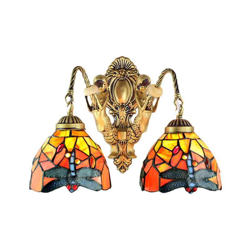 Frendorf | 2 Heads Dome Sconce Verlichting Tiffany Messing/Wit Gezuurd Glas Wandmontage Licht met Libellepatroon