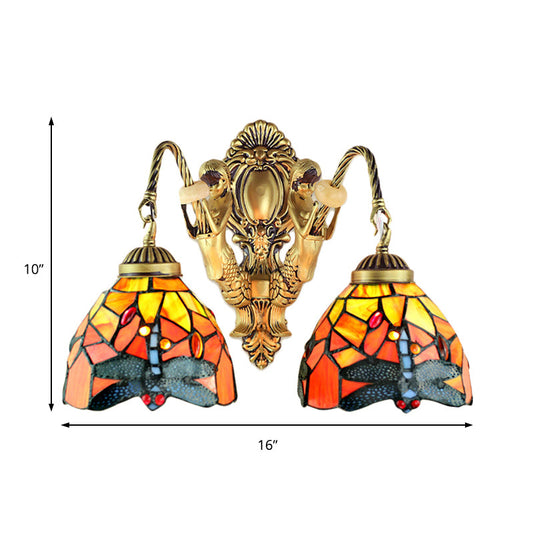 Frendorf | 2 Heads Dome Sconce Verlichting Tiffany Messing/Wit Gezuurd Glas Wandmontage Licht met Libellepatroon