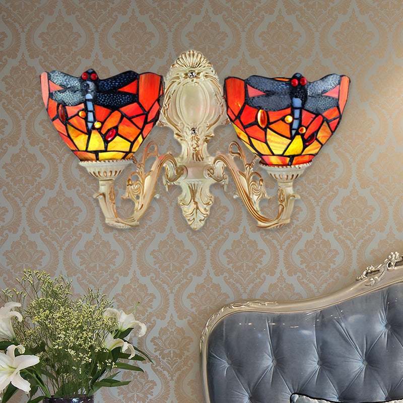 Frendorf | 2 Heads Dome Sconce Verlichting Tiffany Messing/Wit Gezuurd Glas Wandmontage Licht met Libellepatroon