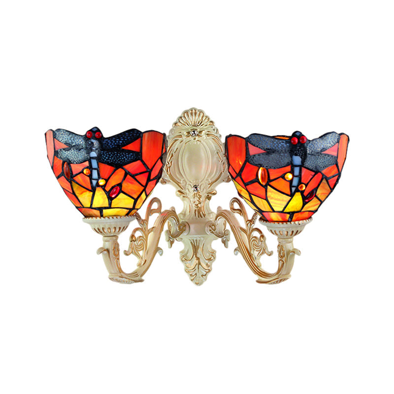 Frendorf | 2 Heads Dome Sconce Verlichting Tiffany Messing/Wit Gezuurd Glas Wandmontage Licht met Libellepatroon
