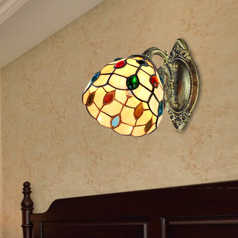 Frendorf | 1 Lichtkuppel Schirm Wandlicht Retro-Stil Buntglas-Wandlampe mit Juwelenmuster in Gelb