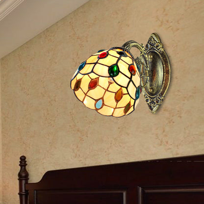 Frendorf | 1 Lichtkuppel Schirm Wandlicht Retro-Stil Buntglas-Wandlampe mit Juwelenmuster in Gelb