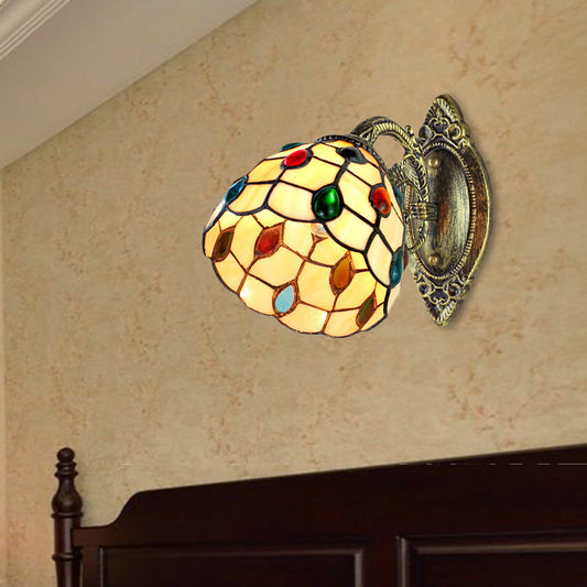 Frendorf | 1 Lichtkuppel Schirm Wandlicht Retro-Stil Buntglas-Wandlampe mit Juwelenmuster in Gelb