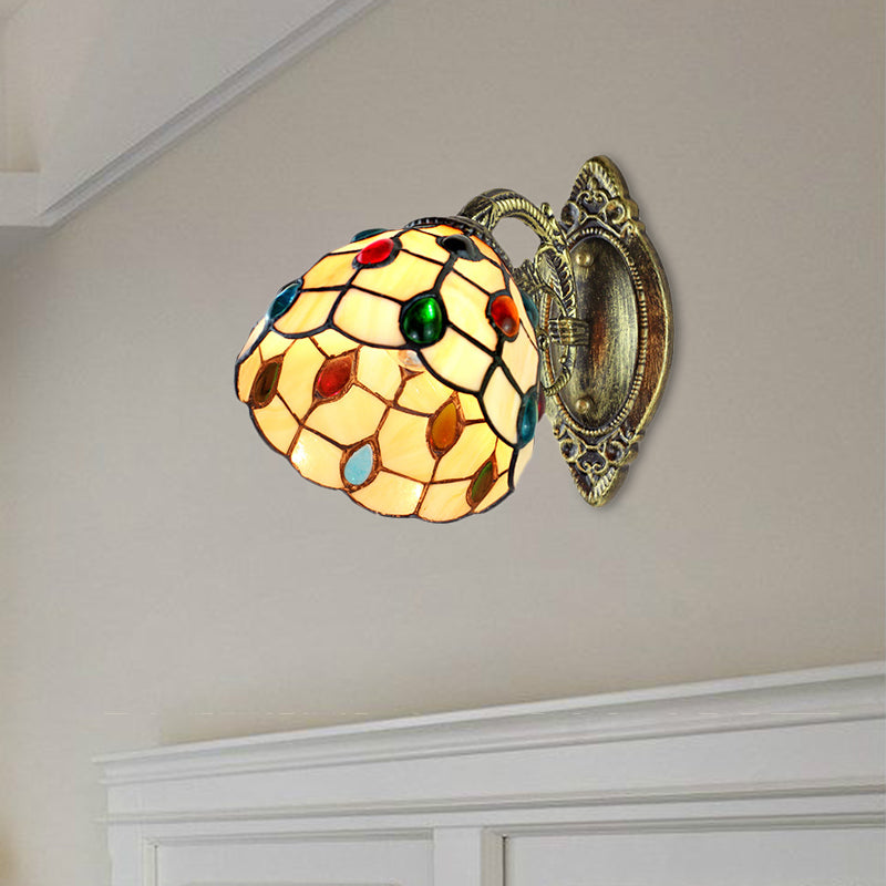 Frendorf | 1 Lichtkuppel Schirm Wandlicht Retro-Stil Buntglas-Wandlampe mit Juwelenmuster in Gelb
