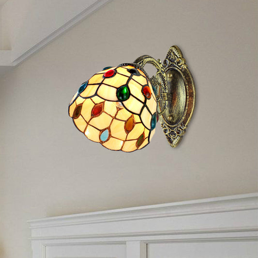 Frendorf | 1 Lichtkuppel Schirm Wandlicht Retro-Stil Buntglas-Wandlampe mit Juwelenmuster in Gelb
