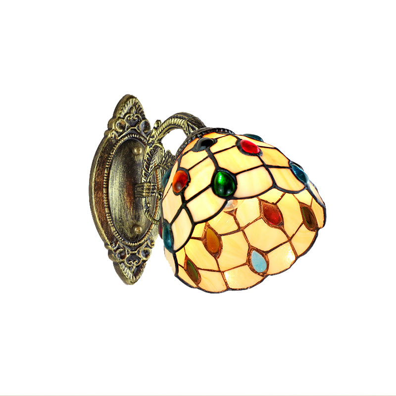 Frendorf | 1 Lichtkuppel Schirm Wandlicht Retro-Stil Buntglas-Wandlampe mit Juwelenmuster in Gelb