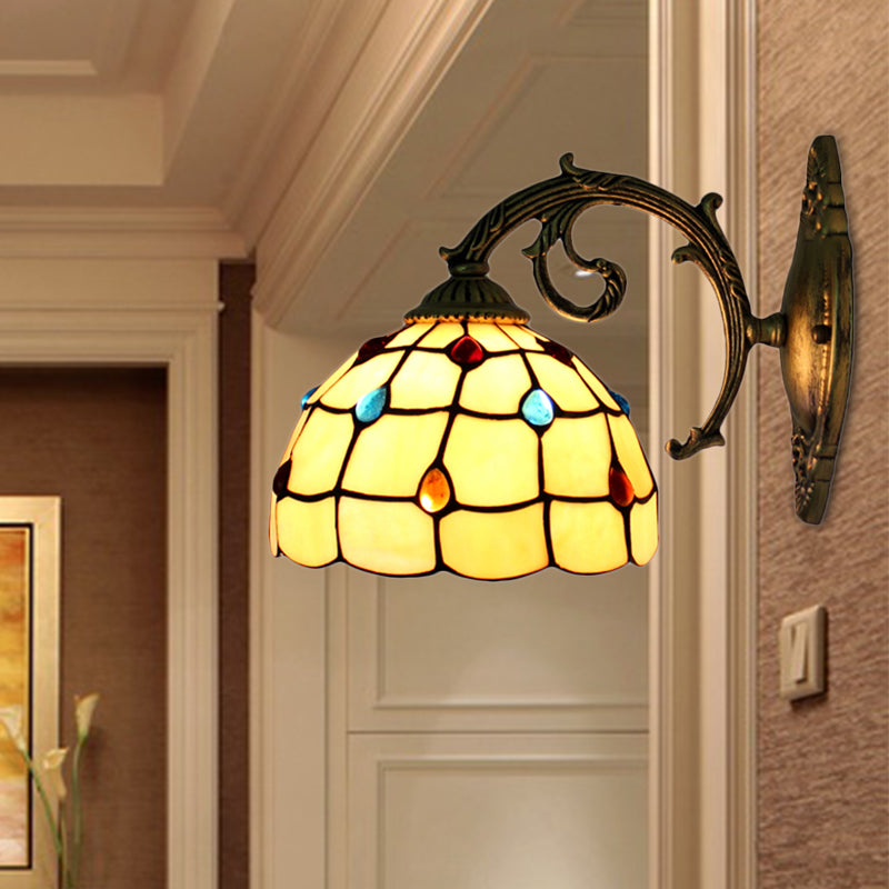 Frendorf | Vintage Bowl Wandlicht Beugelglas 1 Licht Wandlamp Fixture mit Juwelenmuster in Beige