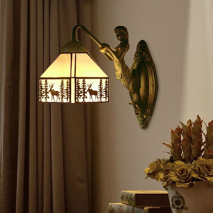 Frendorf | Kleine Haus Wandmontage Licht Retro Glasmalerei 1 Licht Wandbeleuchtung mit Meerjungfrau Dekoration
