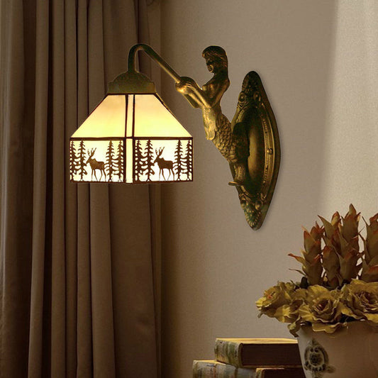 Frendorf | Kleine Haus Wandmontage Licht Retro Glasmalerei 1 Licht Wandbeleuchtung mit Meerjungfrau Dekoration