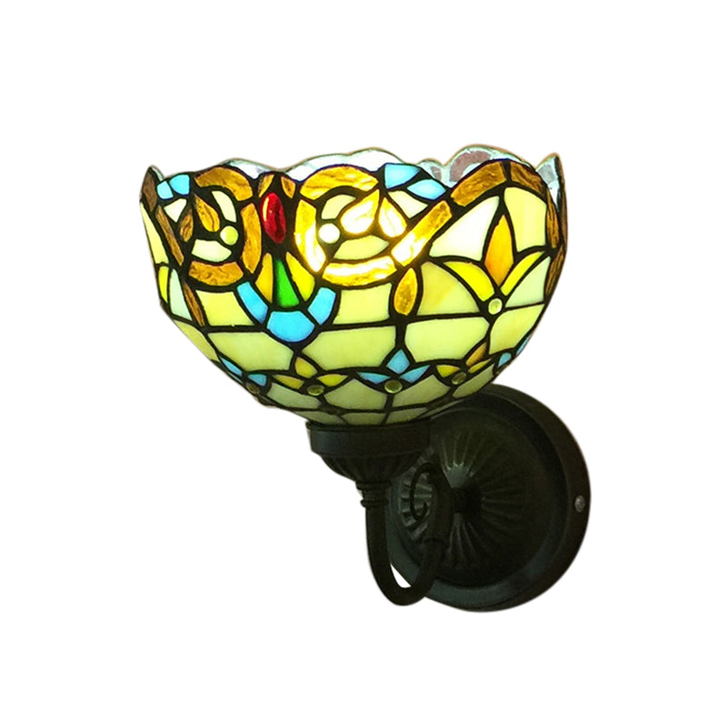 Frendorf | Barokke Kom Wandlamp 1 Hoofd Geel/blauw Glas Muur Mounted Licht met Bloem Patroon