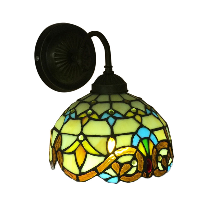 Frendorf | Barokke Kom Wandlamp 1 Hoofd Geel/blauw Glas Muur Mounted Licht met Bloem Patroon