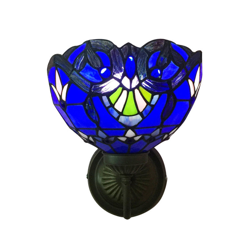 Frendorf | Barokke Kom Wandlamp 1 Hoofd Geel/blauw Glas Muur Mounted Licht met Bloem Patroon