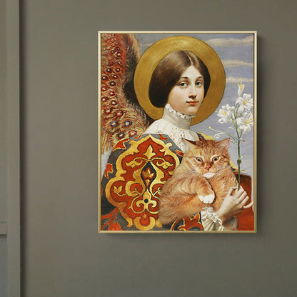 Frendorf | Funky Kids Leinwand mit Lady und ihrer dicken Katze Malerei Gelbe Wandkunst für Zuhause