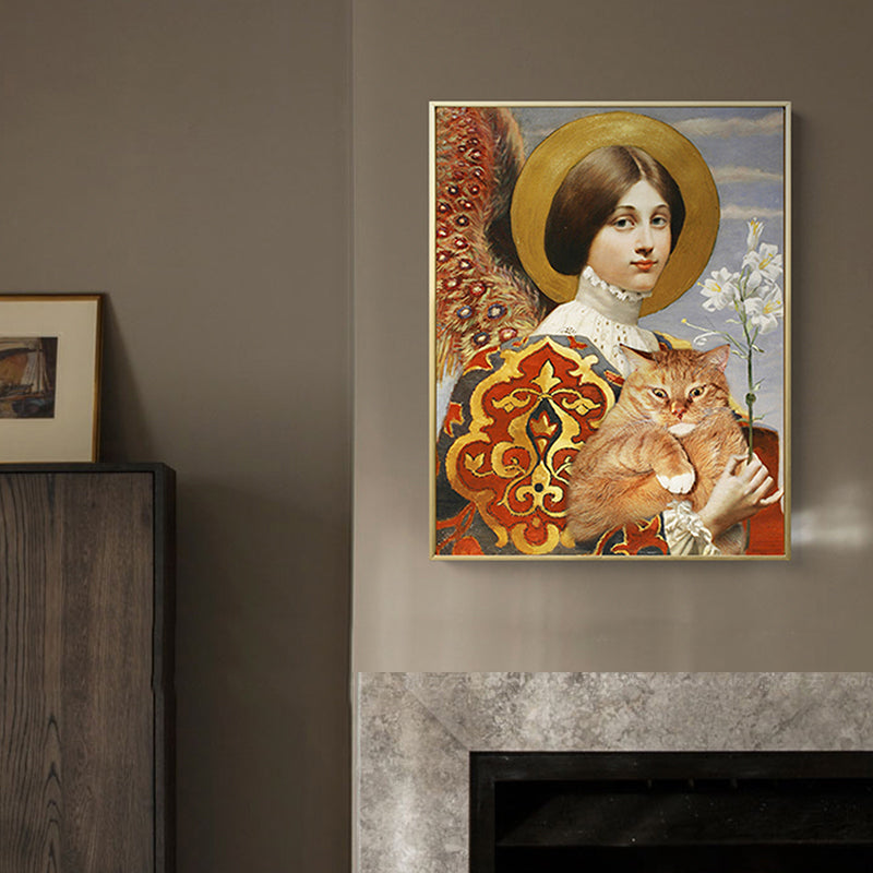 Frendorf | Funky Kids Leinwand mit Lady und ihrer dicken Katze Malerei Gelbe Wandkunst für Zuhause