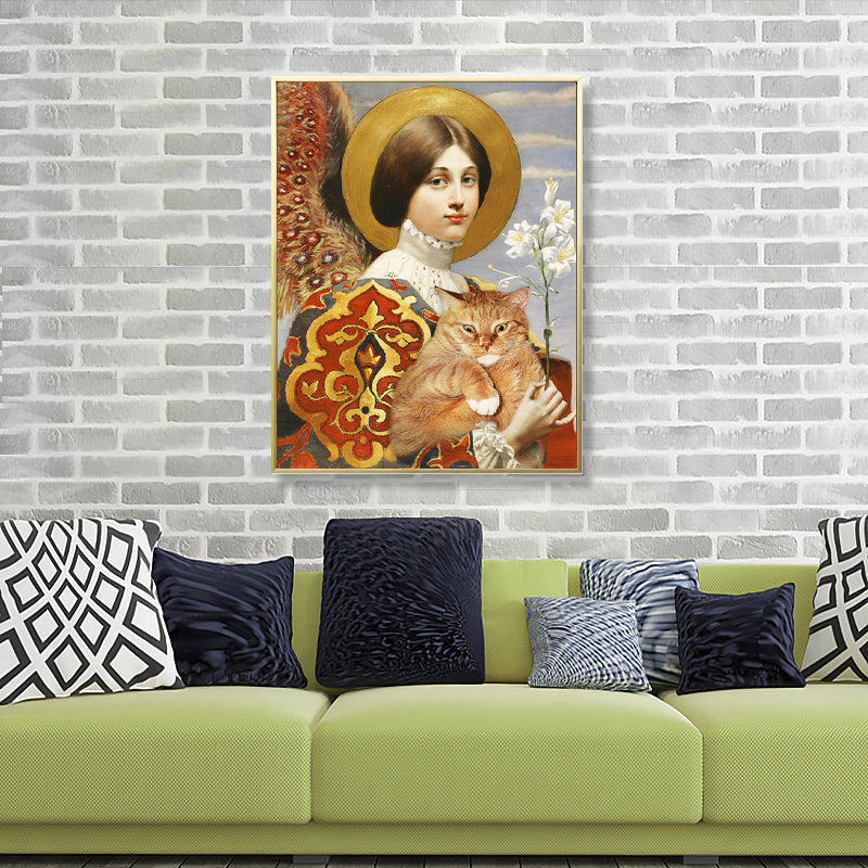 Frendorf | Funky Kids Leinwand mit Lady und ihrer dicken Katze Malerei Gelbe Wandkunst für Zuhause