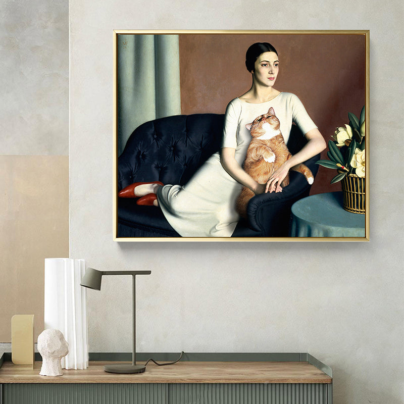 Weißes Funky Canvas Kunst Gemälde Druck Frau und Katze auf der Sofa Wanddeko für Hausinterieur