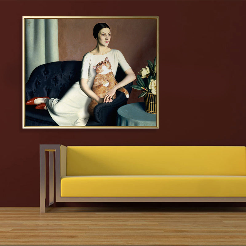 Weißes Funky Canvas Kunst Gemälde Druck Frau und Katze auf der Sofa Wanddeko für Hausinterieur