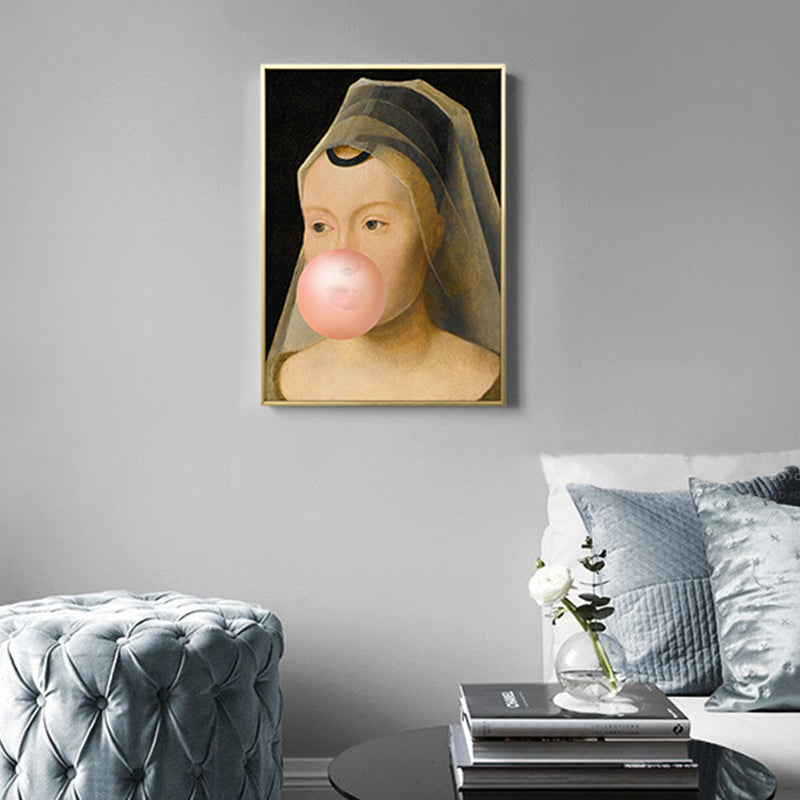 Frendorf | Braunes Pop Art Leinwanddruck Gemälde Dame mit Kaugummi Wanddekoration fürs Jungenzimmer