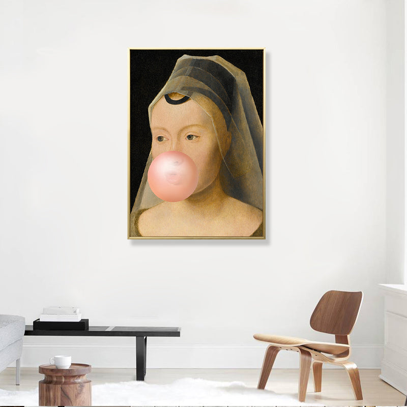 Frendorf | Braunes Pop Art Leinwanddruck Gemälde Dame mit Kaugummi Wanddekoration fürs Jungenzimmer