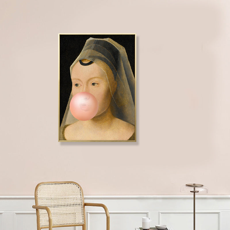Frendorf | Braunes Pop Art Leinwanddruck Gemälde Dame mit Kaugummi Wanddekoration fürs Jungenzimmer