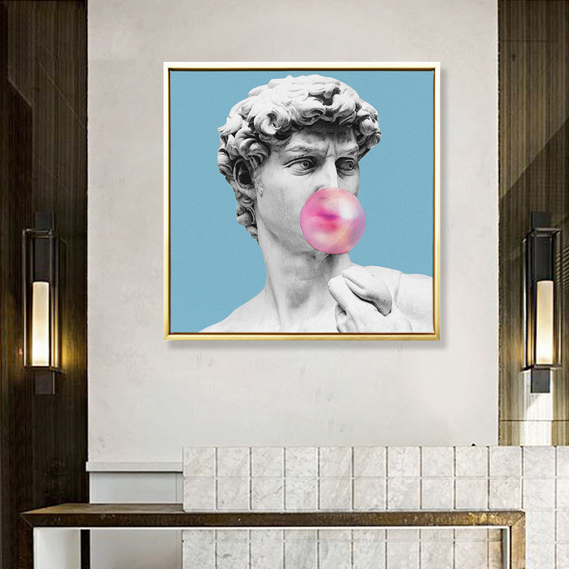 Frendorf | Blaue Funky Leinwand Wandkunst Mischtechnik Männliche griechische Statue Wanddekoration für das Wohnzimmer