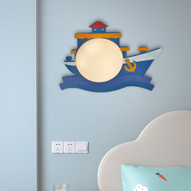 Frendorf | Piraten Schiff Holz Wandmontierte Einrichtung Kinder Pink/Blau LED Wandleuchte mit Runder Opalglas Schirm