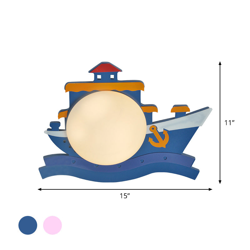 Frendorf | Piraten Schiff Holz Wandmontierte Einrichtung Kinder Pink/Blau LED Wandleuchte mit Runder Opalglas Schirm