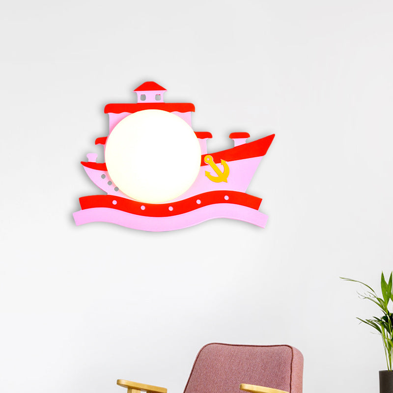 Frendorf | Piraten Schiff Holz Wandmontierte Einrichtung Kinder Pink/Blau LED Wandleuchte mit Runder Opalglas Schirm