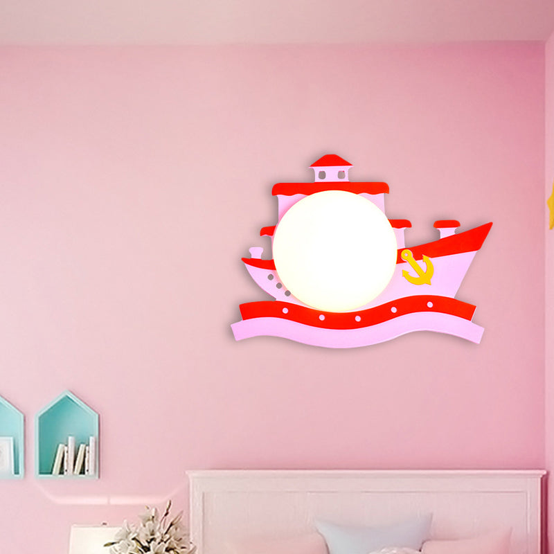 Frendorf | Piraten Schiff Holz Wandmontierte Einrichtung Kinder Pink/Blau LED Wandleuchte mit Runder Opalglas Schirm