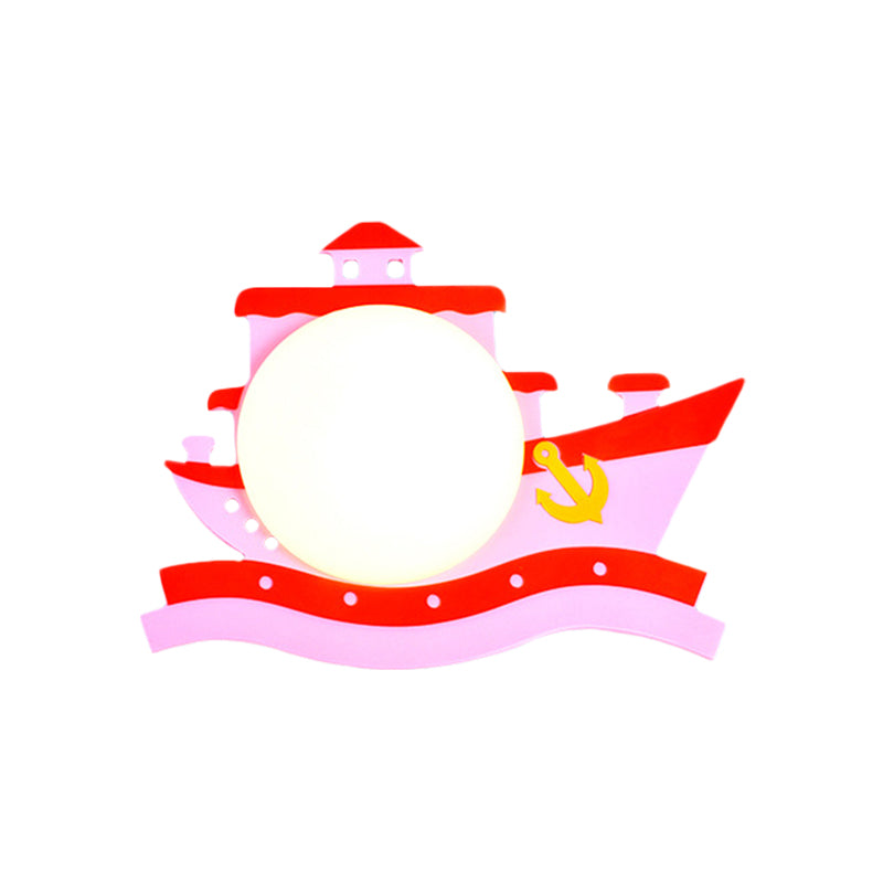 Frendorf | Piraten Schiff Holz Wandmontierte Einrichtung Kinder Pink/Blau LED Wandleuchte mit Runder Opalglas Schirm