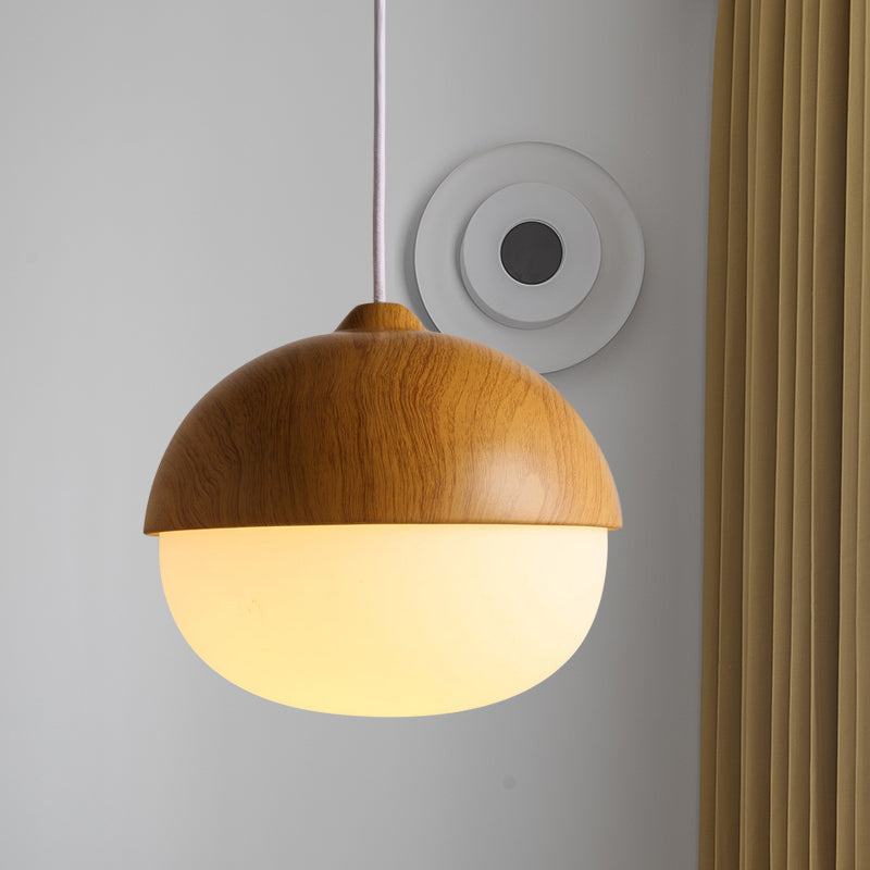 1 Licht Nussförmige Hängeleuchte Japanischer Stil Glas & Holz Pendelleuchte in Weiß für Shop