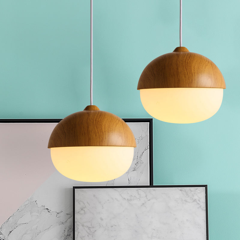 1 Licht Nussförmige Hängeleuchte Japanischer Stil Glas & Holz Pendelleuchte in Weiß für Shop