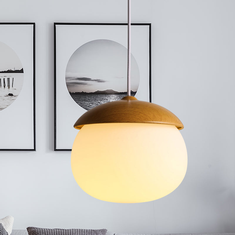 1 Licht Nussförmige Hängeleuchte Japanischer Stil Glas & Holz Pendelleuchte in Weiß für Shop