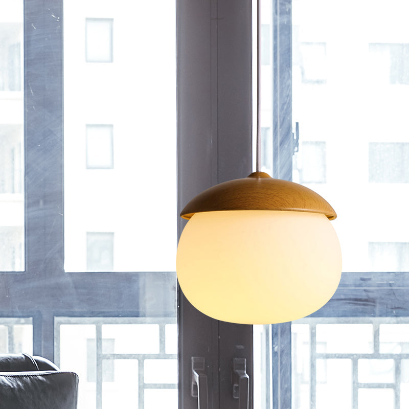 1 Licht Nussförmige Hängeleuchte Japanischer Stil Glas & Holz Pendelleuchte in Weiß für Shop