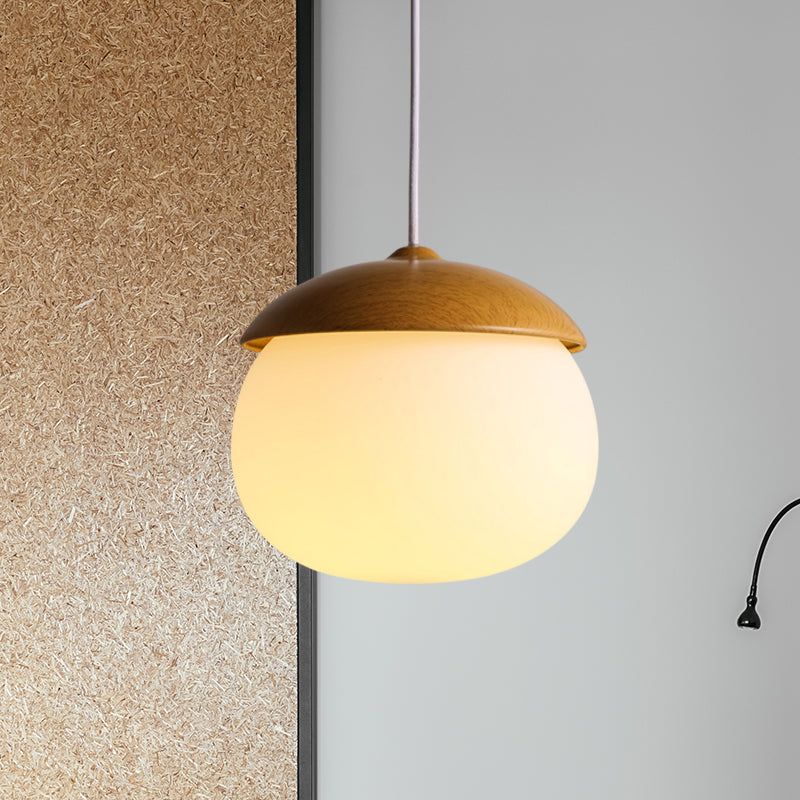 1 Licht Nussförmige Hängeleuchte Japanischer Stil Glas & Holz Pendelleuchte in Weiß für Shop