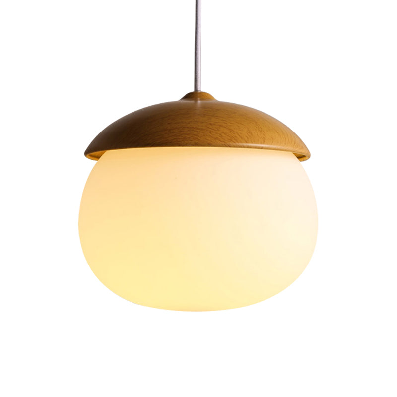 1 Licht Nussförmige Hängeleuchte Japanischer Stil Glas & Holz Pendelleuchte in Weiß für Shop