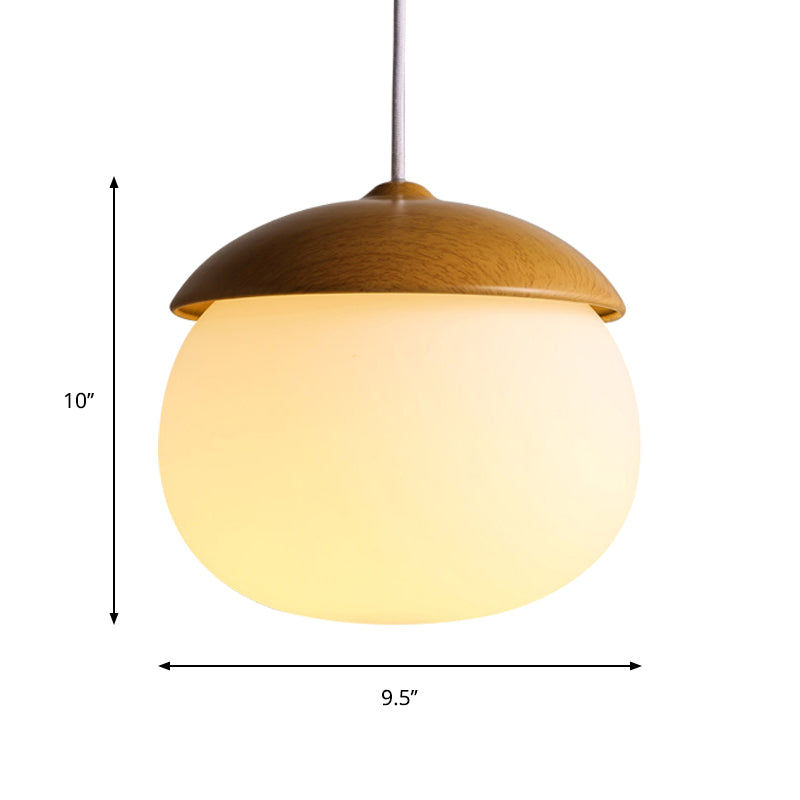 1 Licht Nussförmige Hängeleuchte Japanischer Stil Glas & Holz Pendelleuchte in Weiß für Shop
