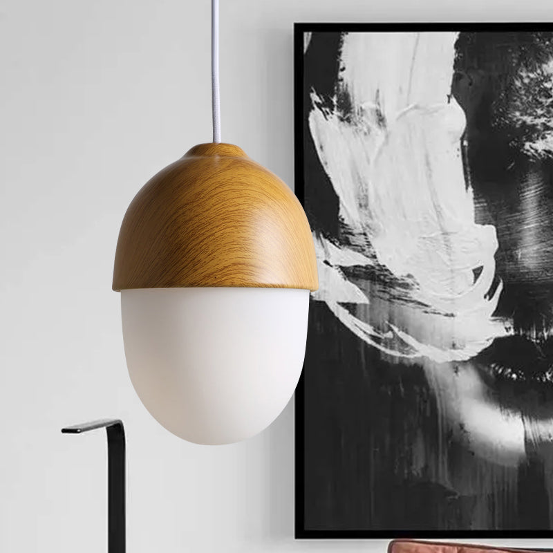 1 Licht Nussförmige Hängeleuchte Japanischer Stil Glas & Holz Pendelleuchte in Weiß für Shop