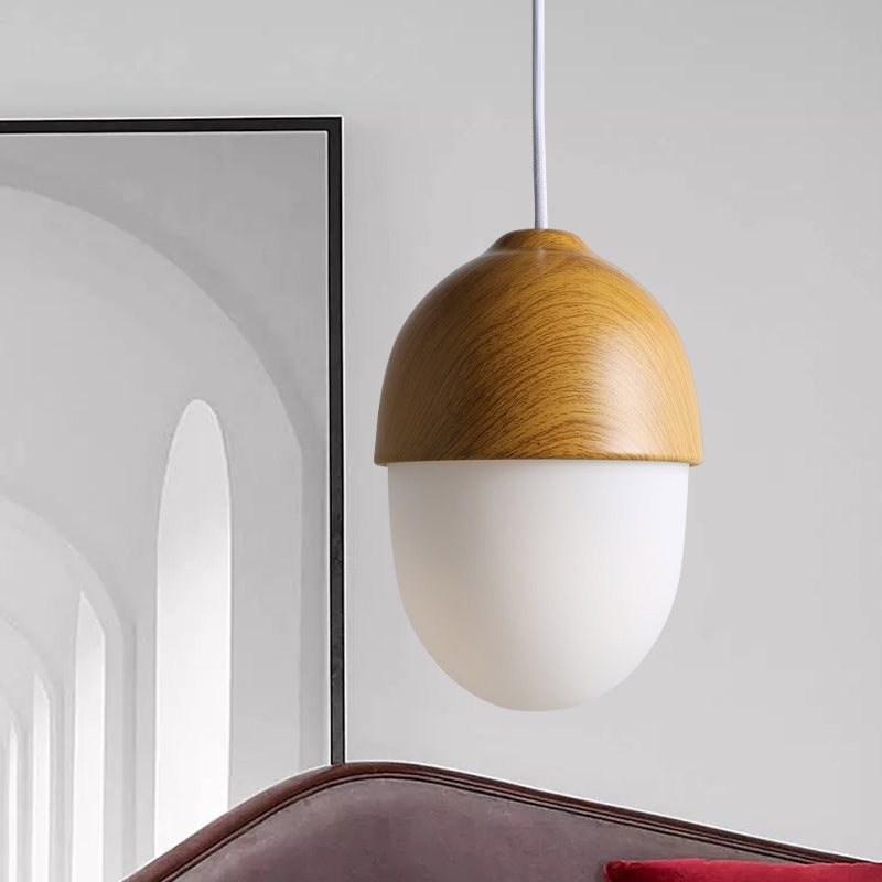 1 Licht Nussförmige Hängeleuchte Japanischer Stil Glas & Holz Pendelleuchte in Weiß für Shop