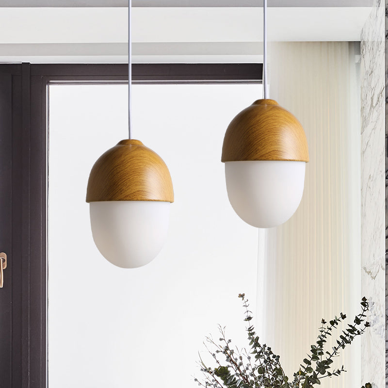 1 Licht Nussförmige Hängeleuchte Japanischer Stil Glas & Holz Pendelleuchte in Weiß für Shop