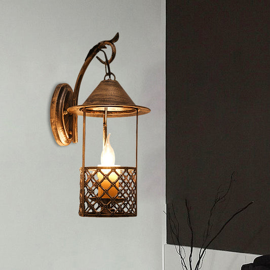 Frendorf | 1 Kopf Laterne Wandleuchte mit flamlosem Kerzen Bauernhaus Stil Messing Metall Wandlampe für Restaurant