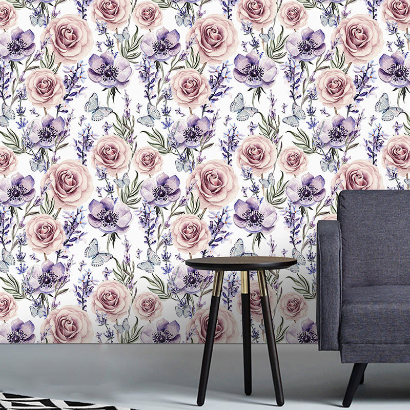 Illustrationsstil Tapete Blühende Rose Wandverkleidung für Gästezimmer Dekor in sanften Farben, selbstklebend